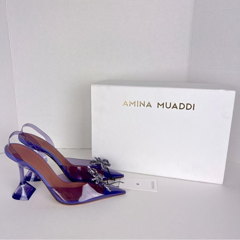 Amina Muaddi Rosie Crystal-Embellished Transparent Slingback Pumps. Size: 37